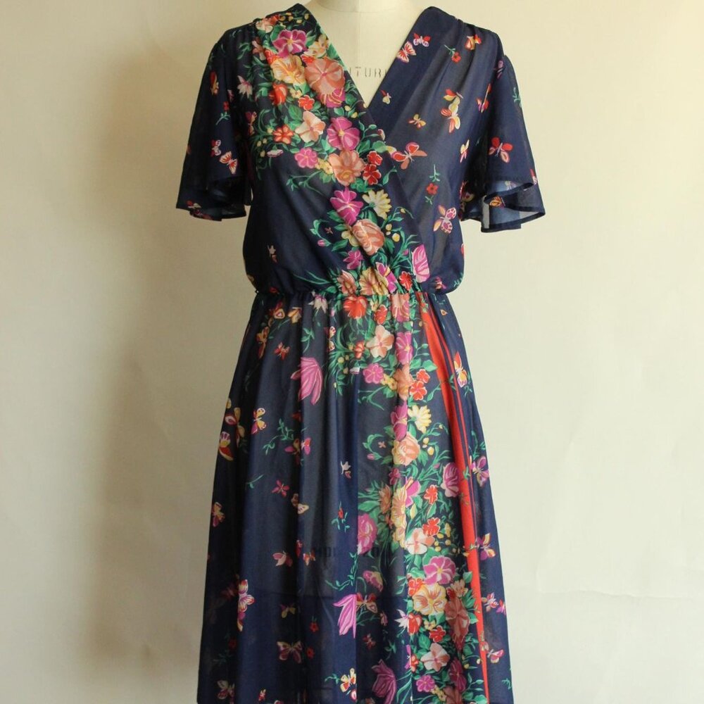 Vintage 1970s Dress, Blue Floral Boho Dress with Butterfly Sleeves, Romantic - Picture 2 of 10